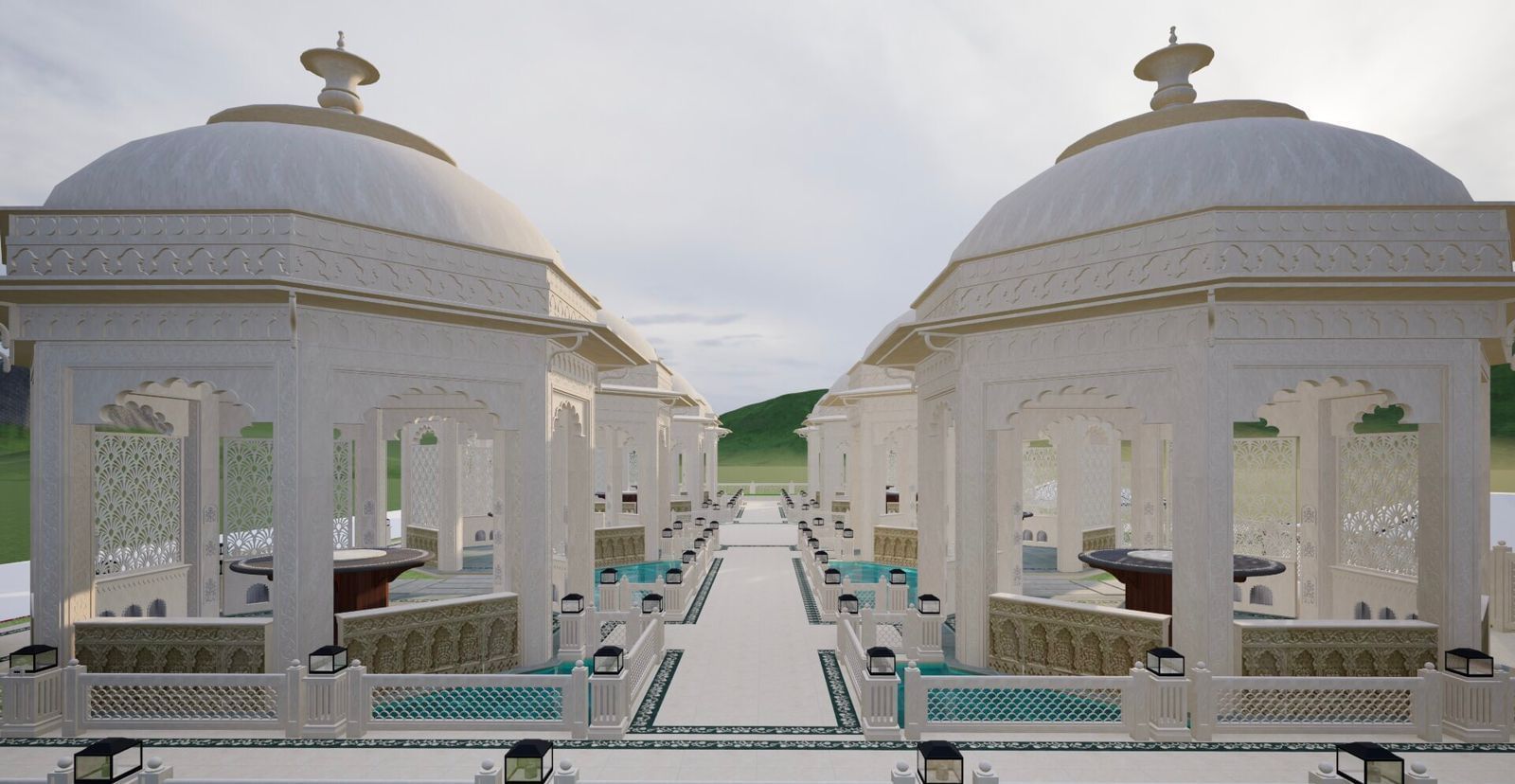 the gazebos of Panch Mahal with dome shape arranged in a line over shallow body of water seen during a sunset - Kaldan Samudhra Palace