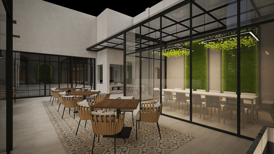 Skywings Sarovar Portico Mathura outdoor dining 3D render with greenhouse-style black frame structure, green plant walls, and open courtyard seating.