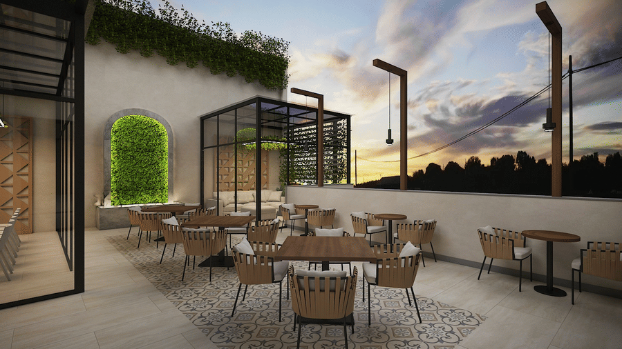 Skywings Sarovar Portico Mathura rooftop dining 3D render with open-air seating, green wall panels, black frame canopy, and stunning sunset sky backdrop.