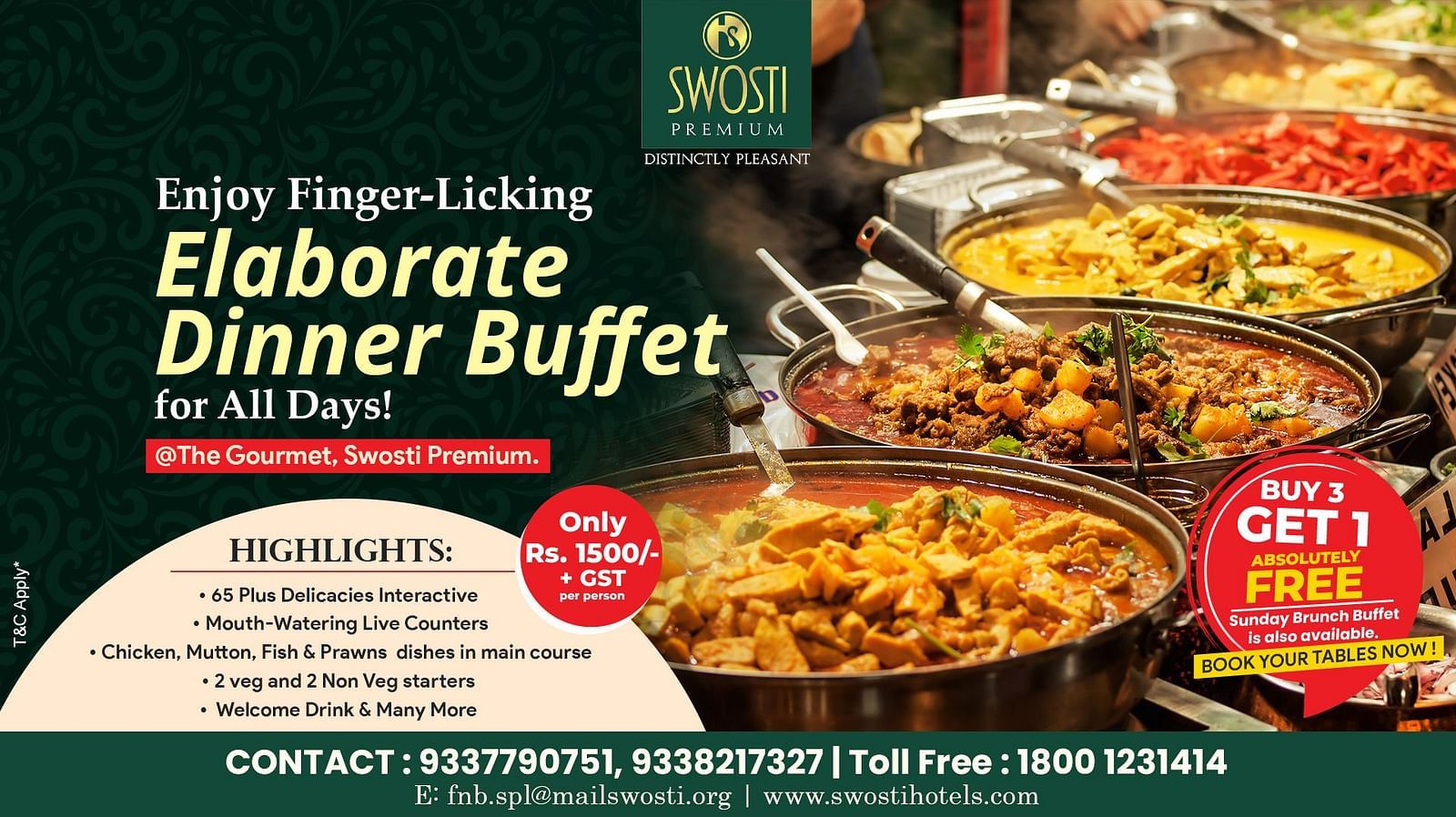 An UNLIMITED DINNER BUFFET poster with details in a half-circle shape to the left, and a background image of various food dishes in bowls.