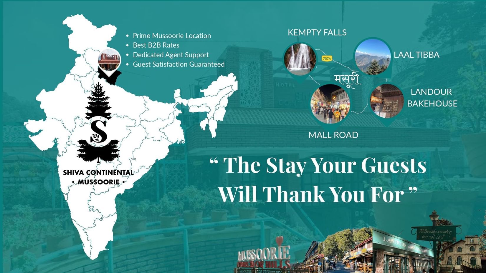 Shiva Continental Mussoorie – prime location with B2B rates, agent support, nearby attractions like Mall Road & Kempty Falls
