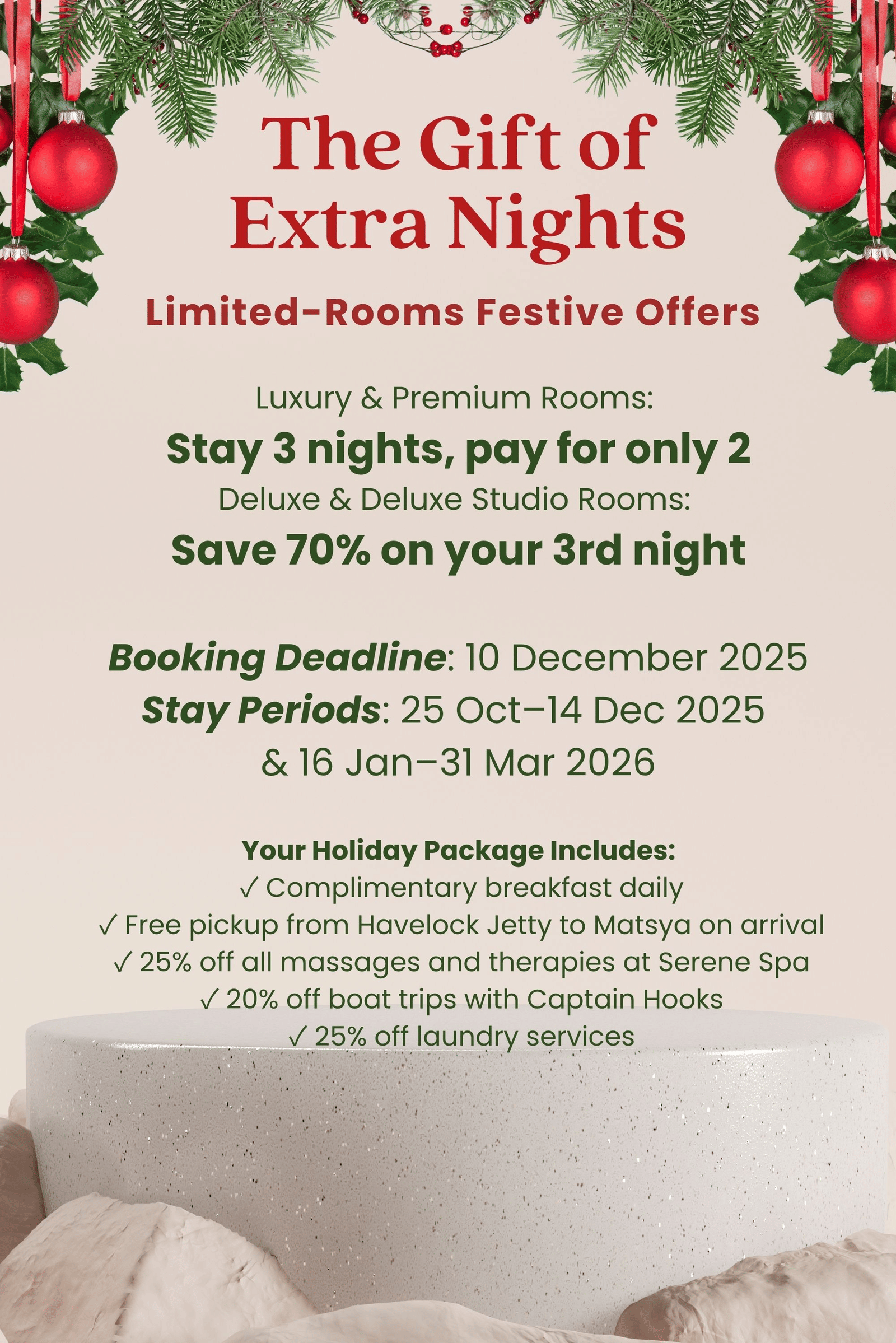 Festive offer poster with red ornaments, highlighting “Stay 3 nights, pay for only 2” and 70% off on 3rd night | Matsya Island Retreat by Island Quest