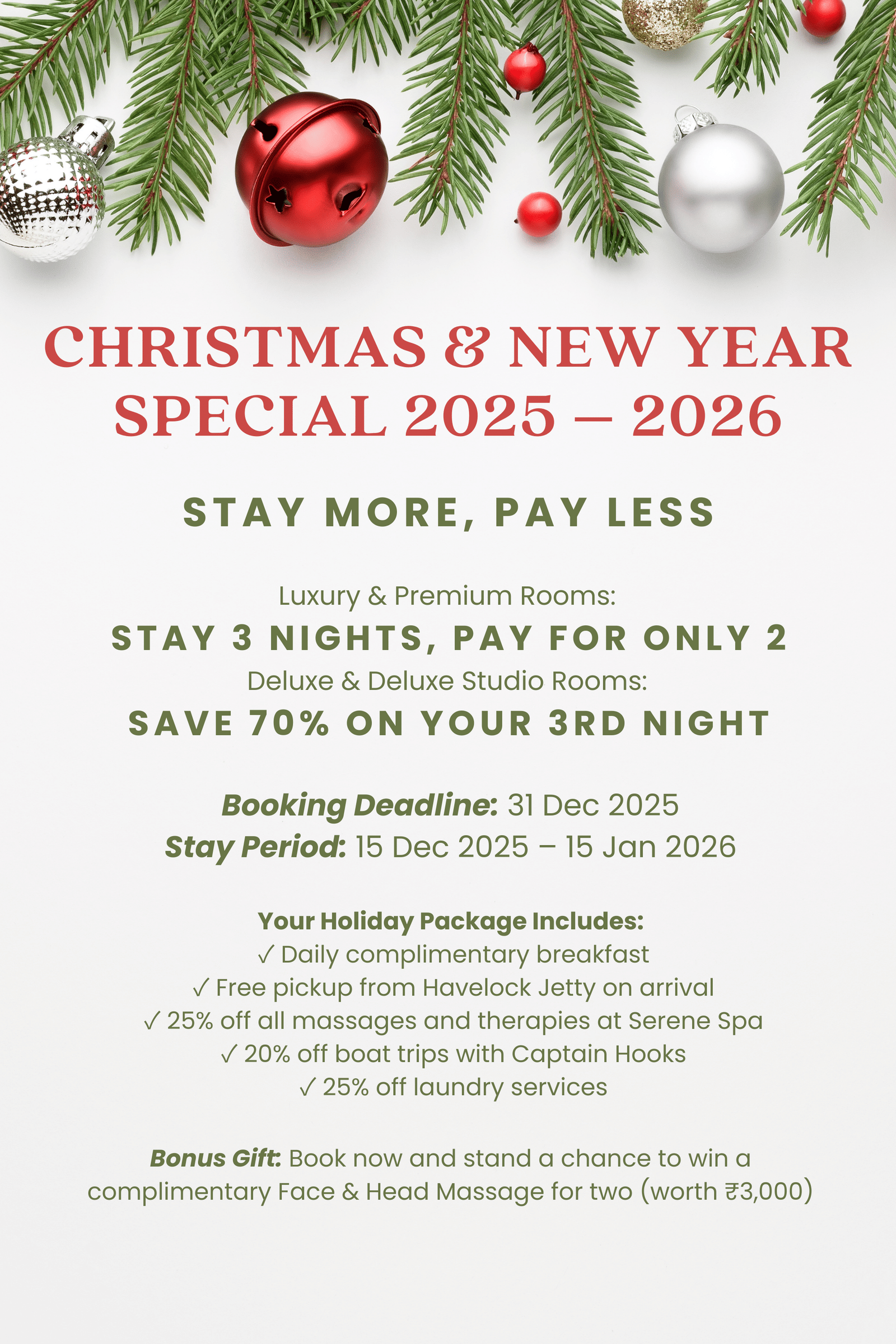 Holiday-themed poster with silver and red baubles, promoting 70% off on 3rd night festive stay offer | Matsya Island Retreat by Island Quest