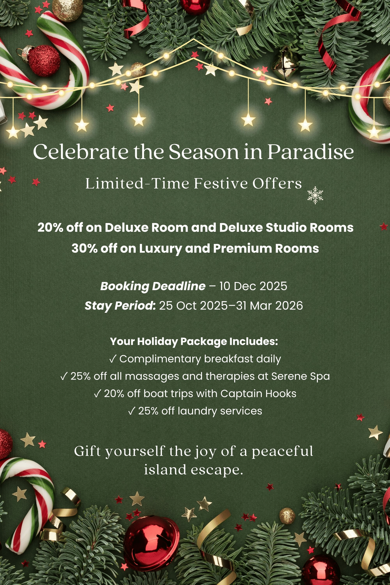 Christmas-themed green poster with ornaments, offering 20–30% off festive room stays and special benefits | Matsya Island Retreat by Island Quest