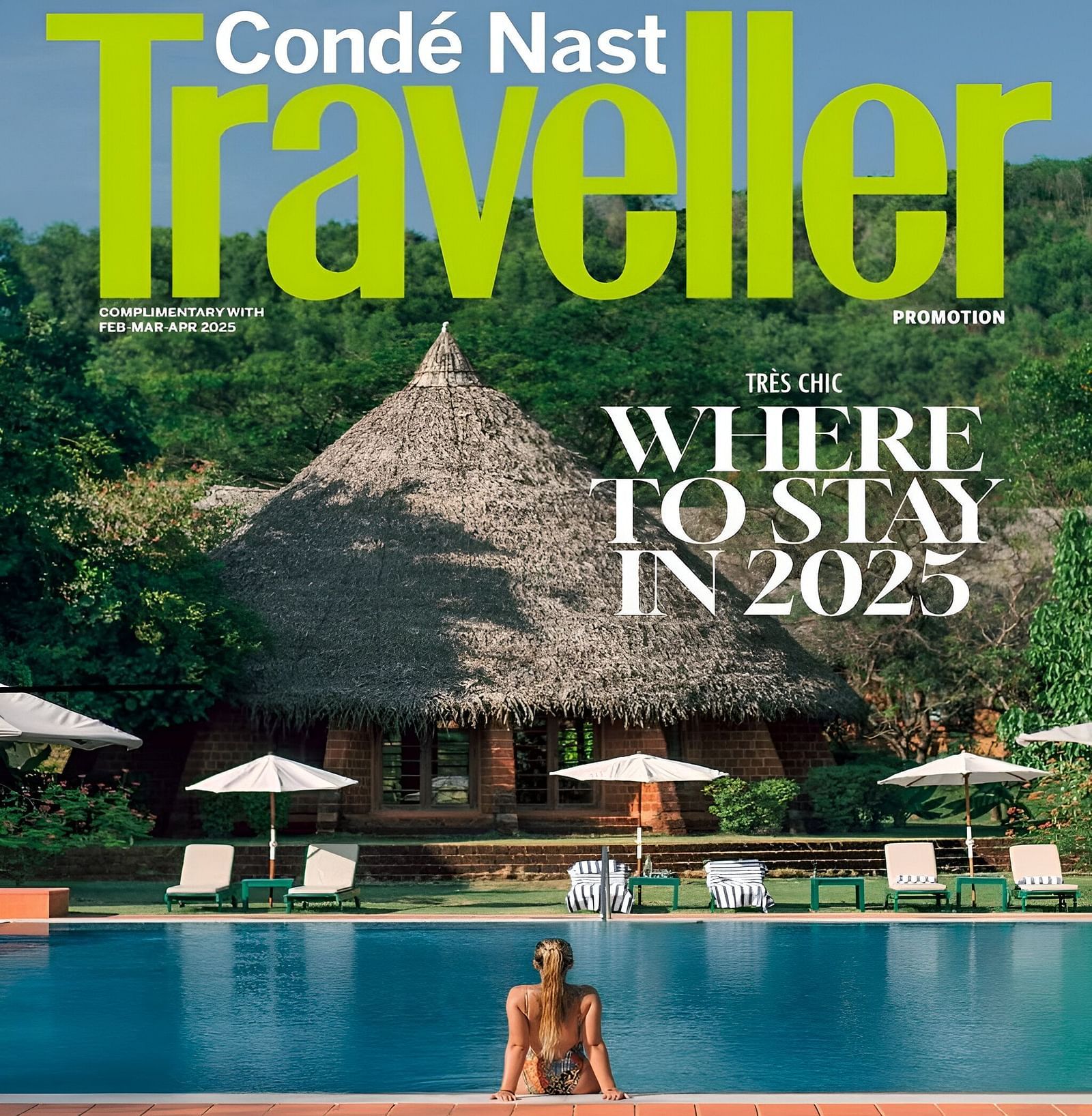 Conde Nast Traveller magazine cover featuring a tropical resort pool scene with Where To Stay In 2025 text.