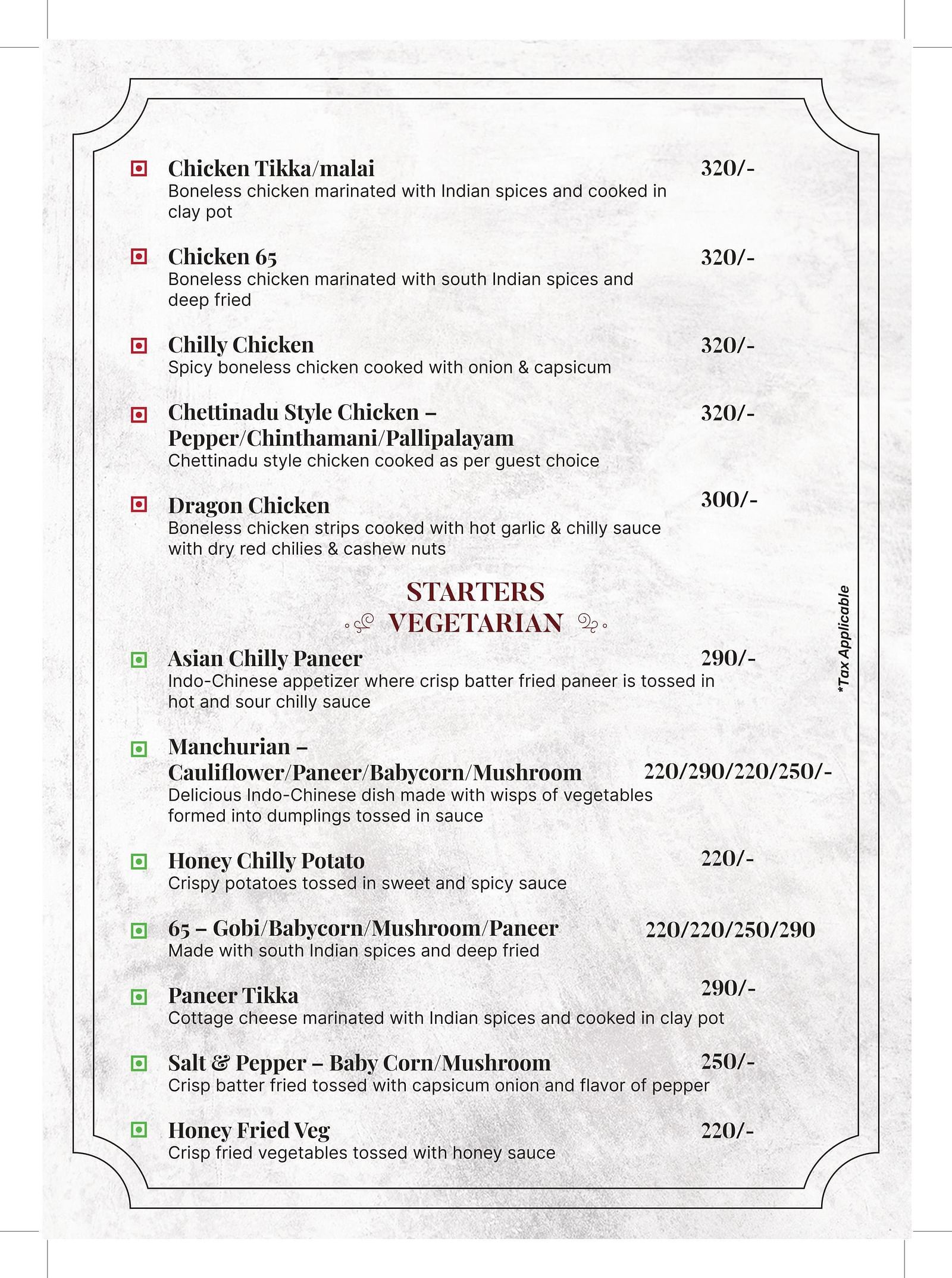 An image of a menu card with various listings of non-veg and veg food items