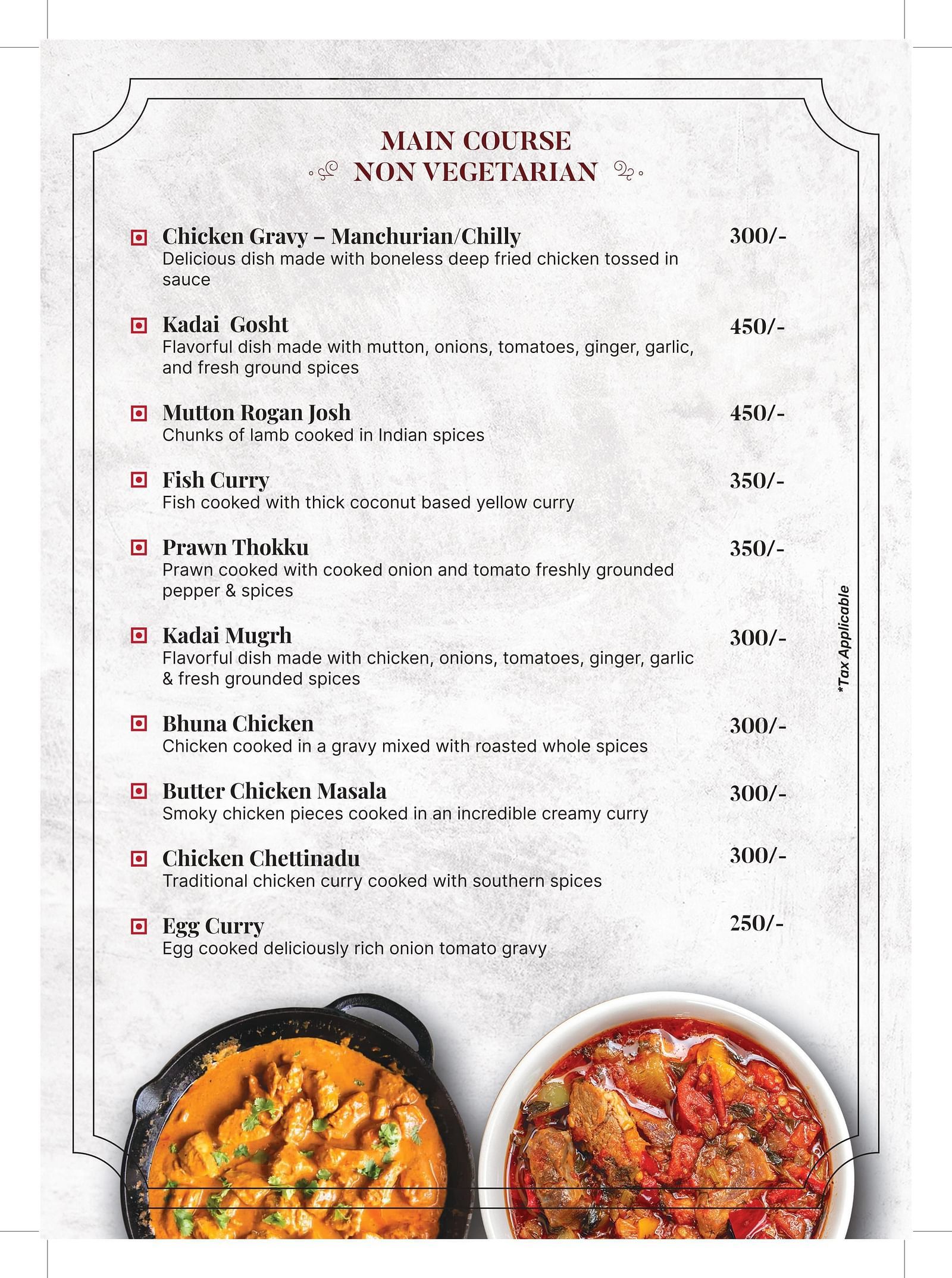An image of a menu card with list of non-veg main courses