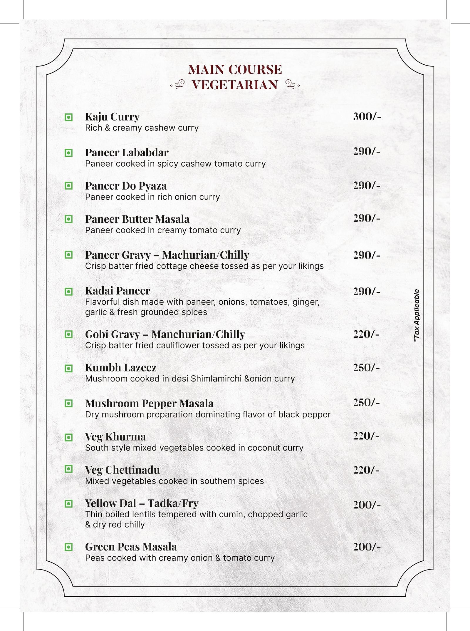 An image of a menu card with list of main course meals