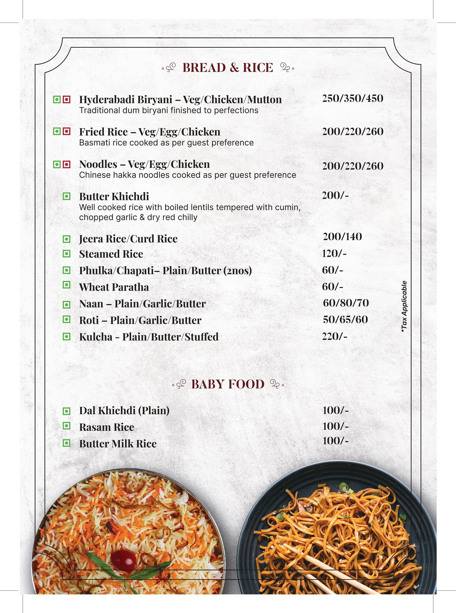 An image of a menu card with list of items like several types of rice, bread, and baby food