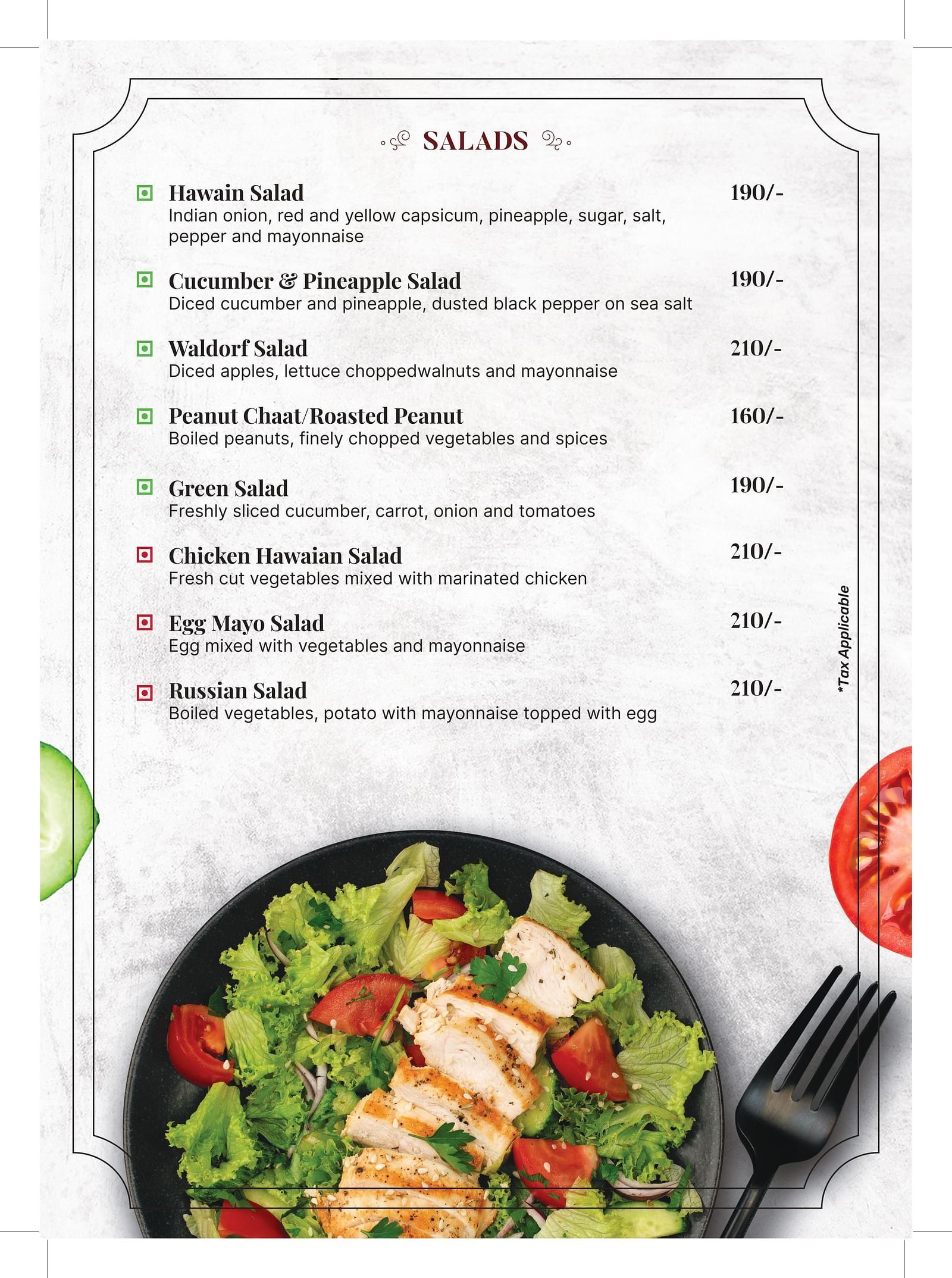 An image of a menu card with list of salads