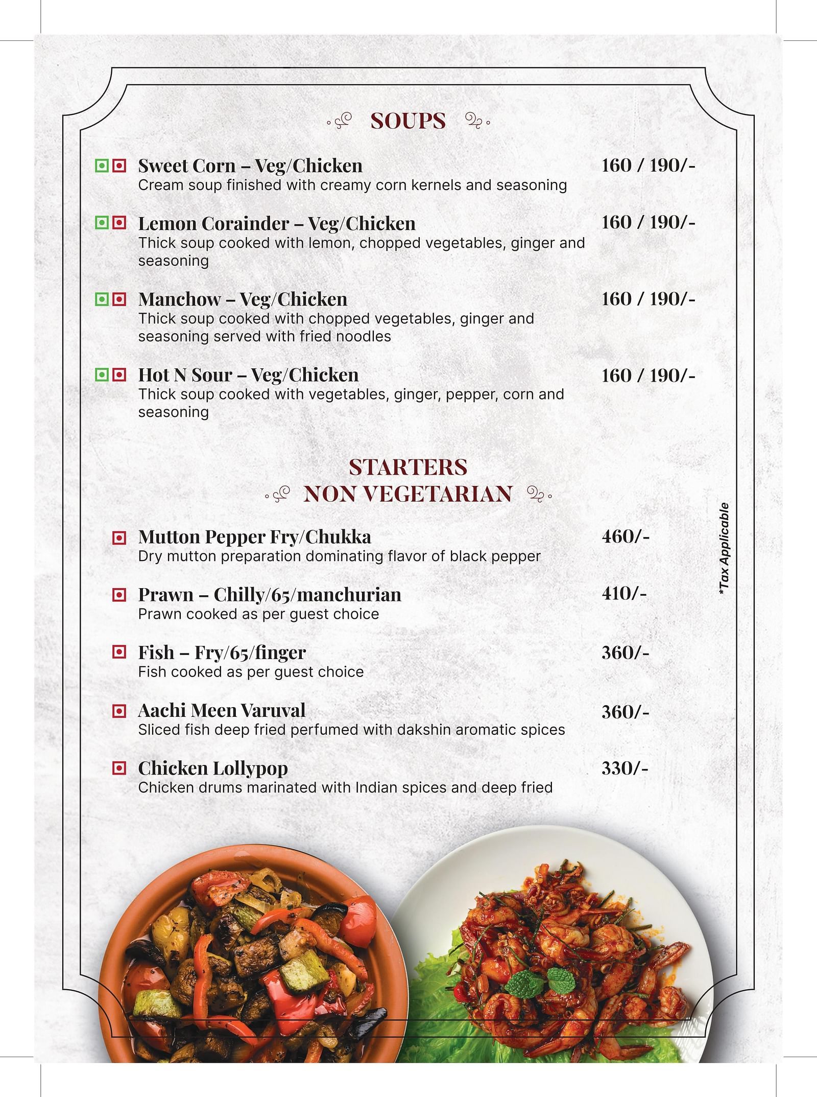 An image of a menu card with list of soup and non-veg  starters