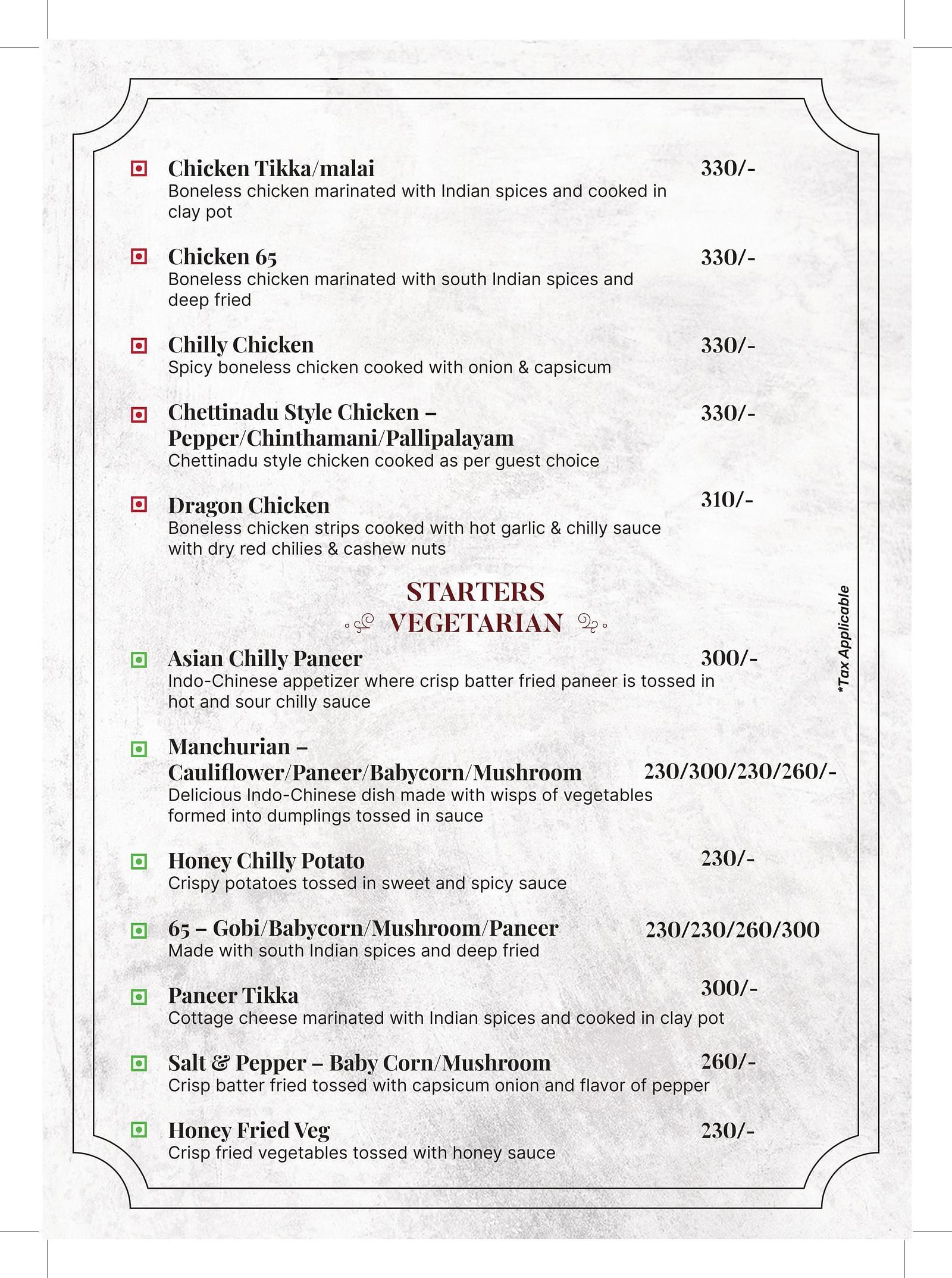 An image of a menu card with various listings of non-veg and veg food items