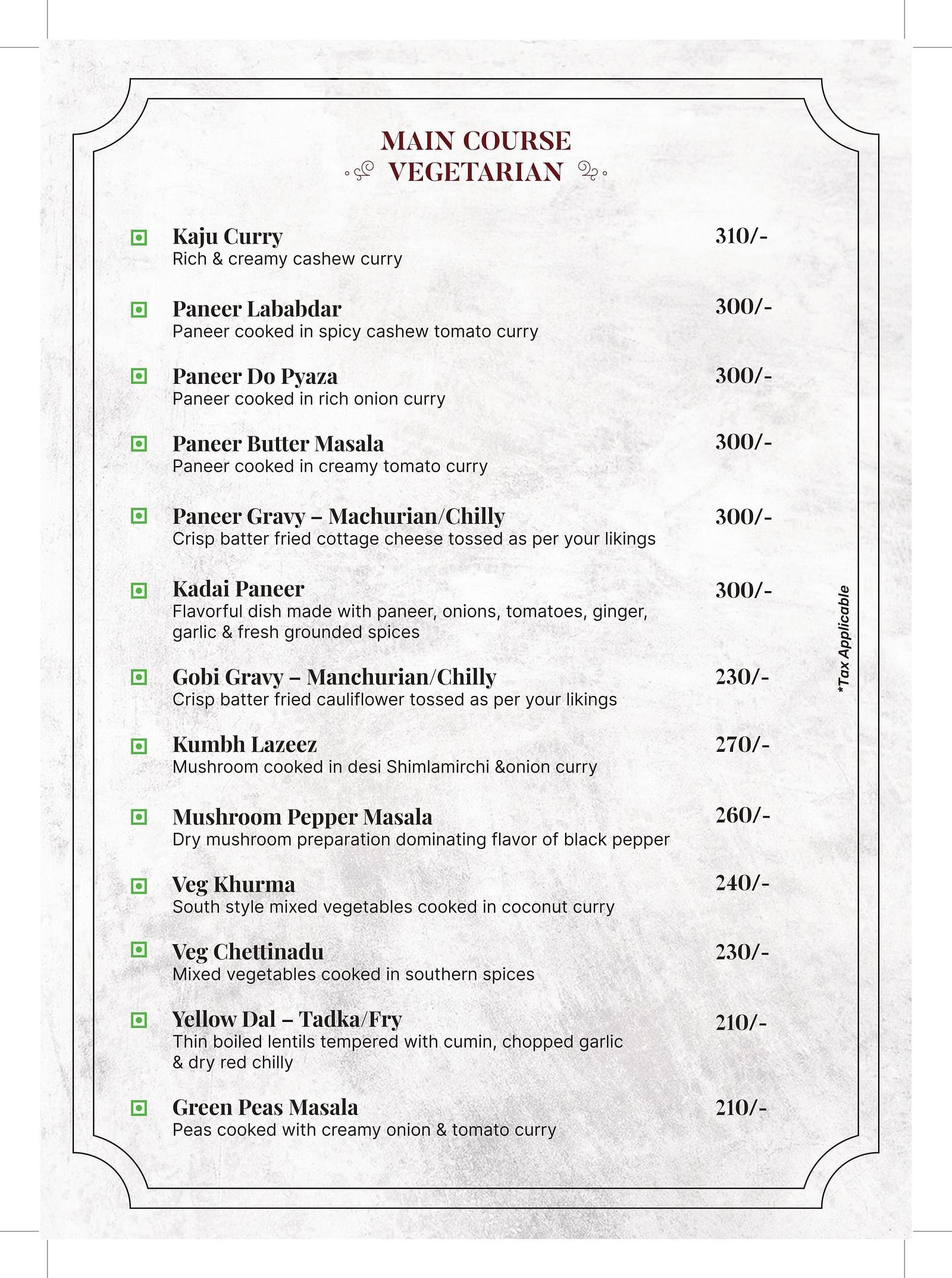 An image of a menu card with list of main course meals