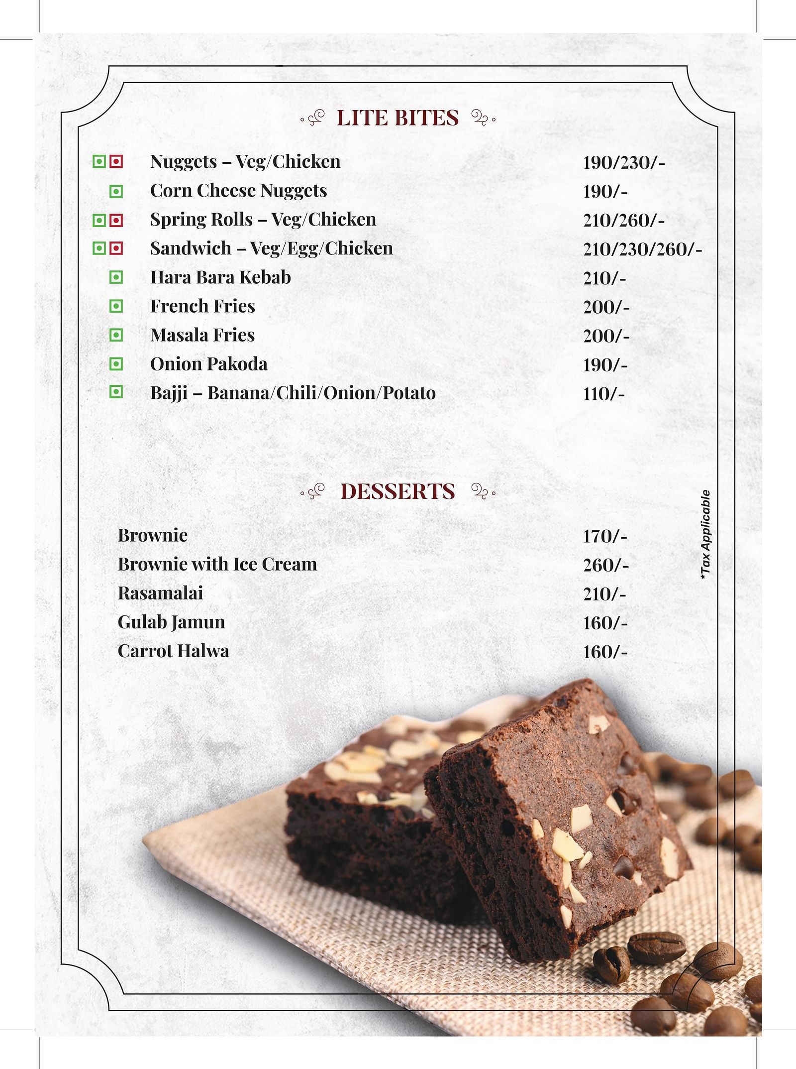 An image of a menu card with a list of various desserts and light bites