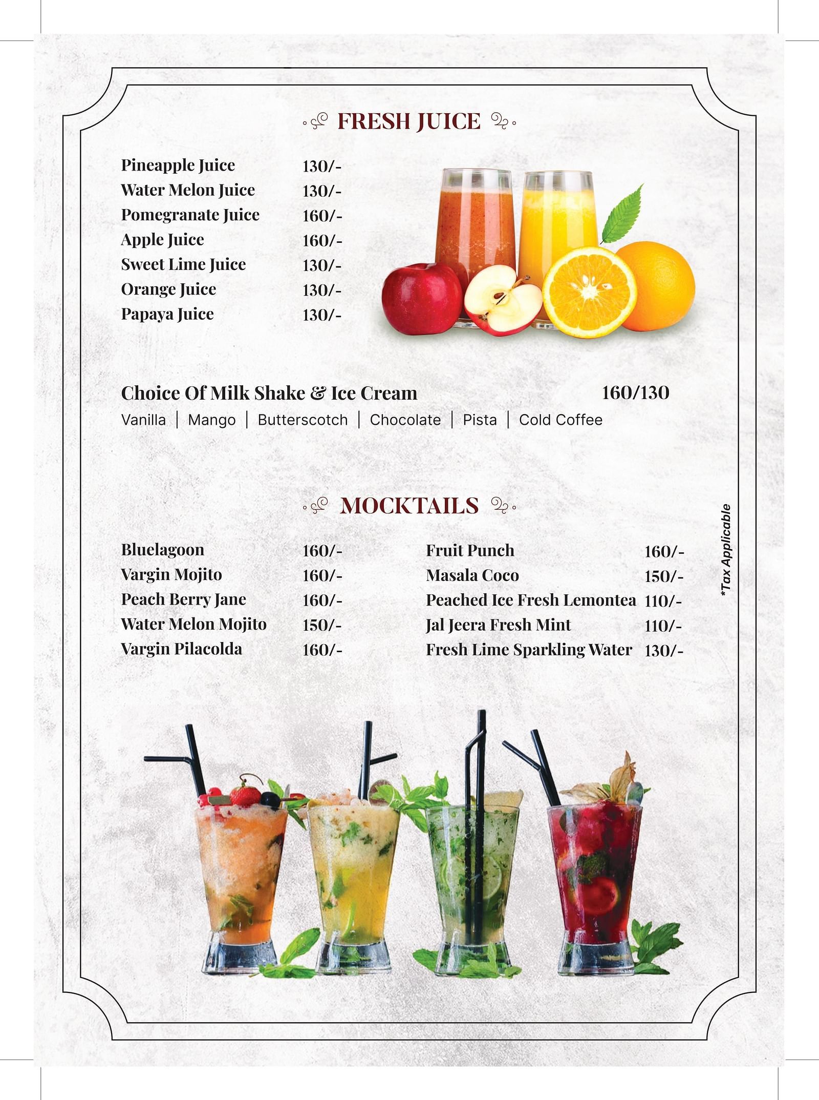 An image of menu card with several mocktails and juices