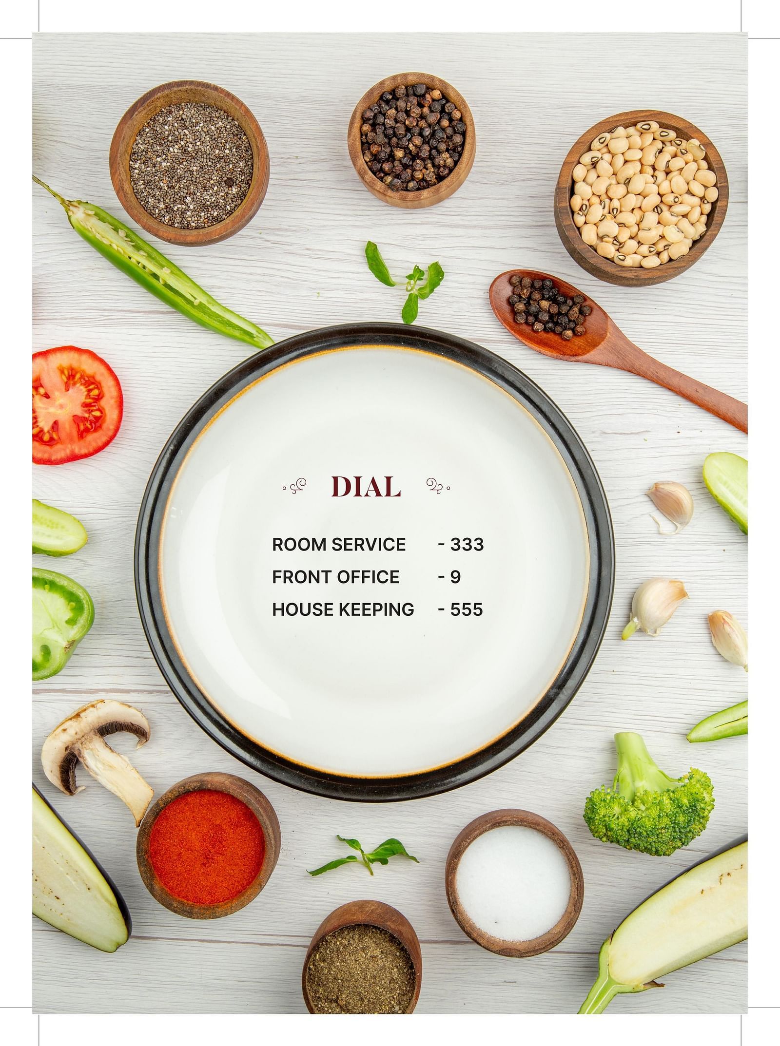 Menu card designed with various dishes that says, Dial 333 for Room Service, 9 for Front Office and 555 for House keeping