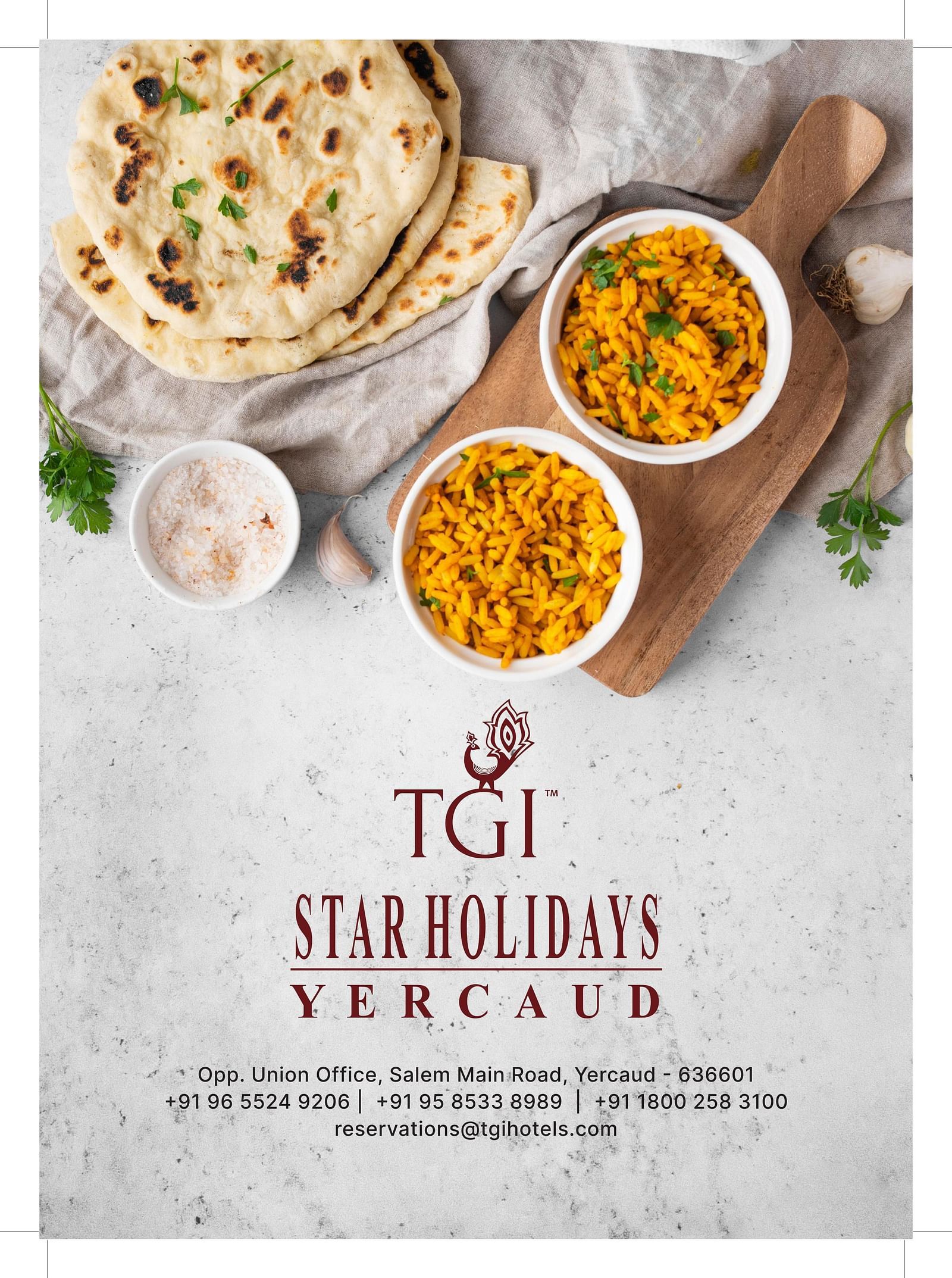 An image of a menu card front cover designed with various dishes and the logo of TGI with the mention of Star Holidays Yercaud along with the address at the bottom