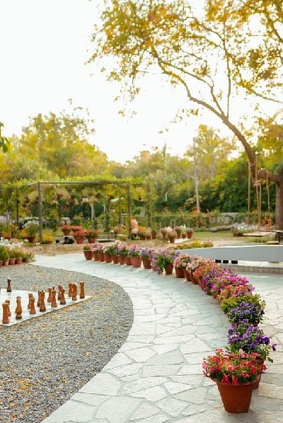 A paved path with potted plants and trees in the background at Karma Chalets.