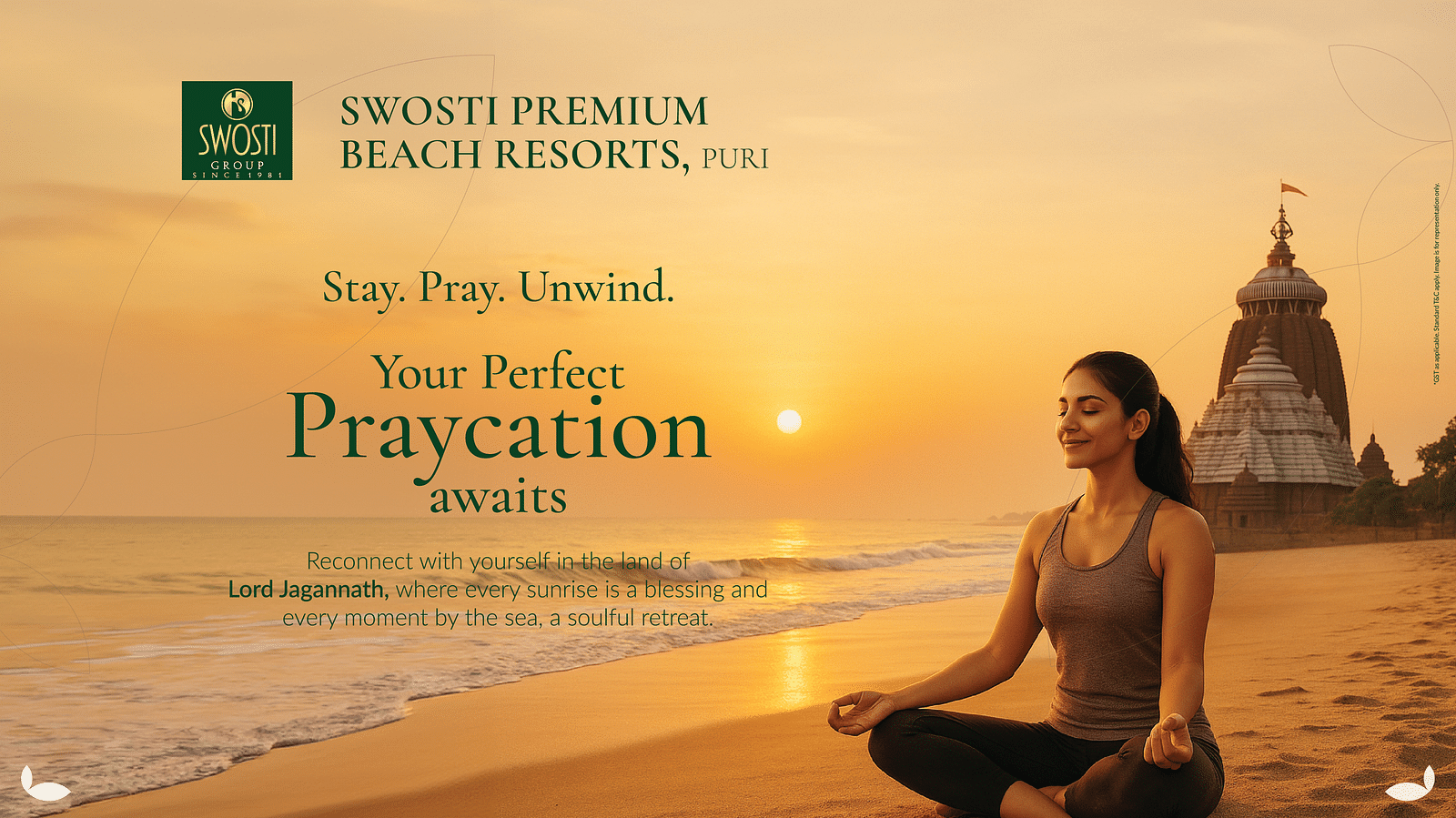 Promotional banner for the Praycation Package at Swosti Premium Beach Resorts, Puri, showing a woman meditating at sunrise near the iconic Jagannath Temple.