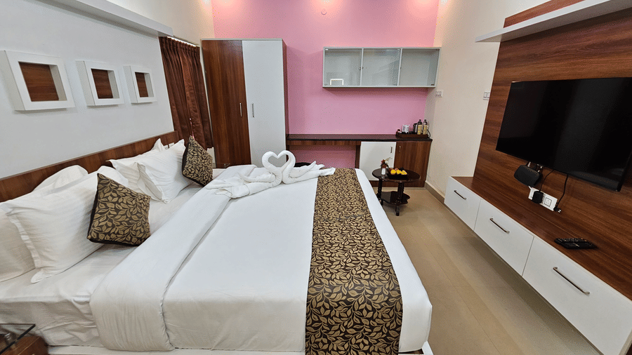 Modern room at Tio (The Indian Origin) Hotels & Resorts - Yercaud with king bed, TV, wooden interiors, and elegant decor.