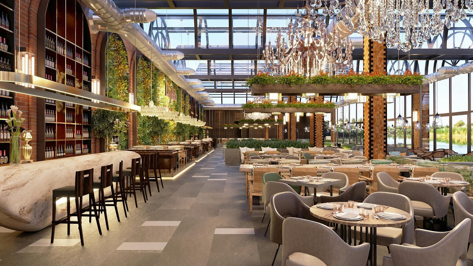 A spacious dining area featuring well-furnished and beautifully decorated settings, with a bar on one side and four-seater tables on the other.