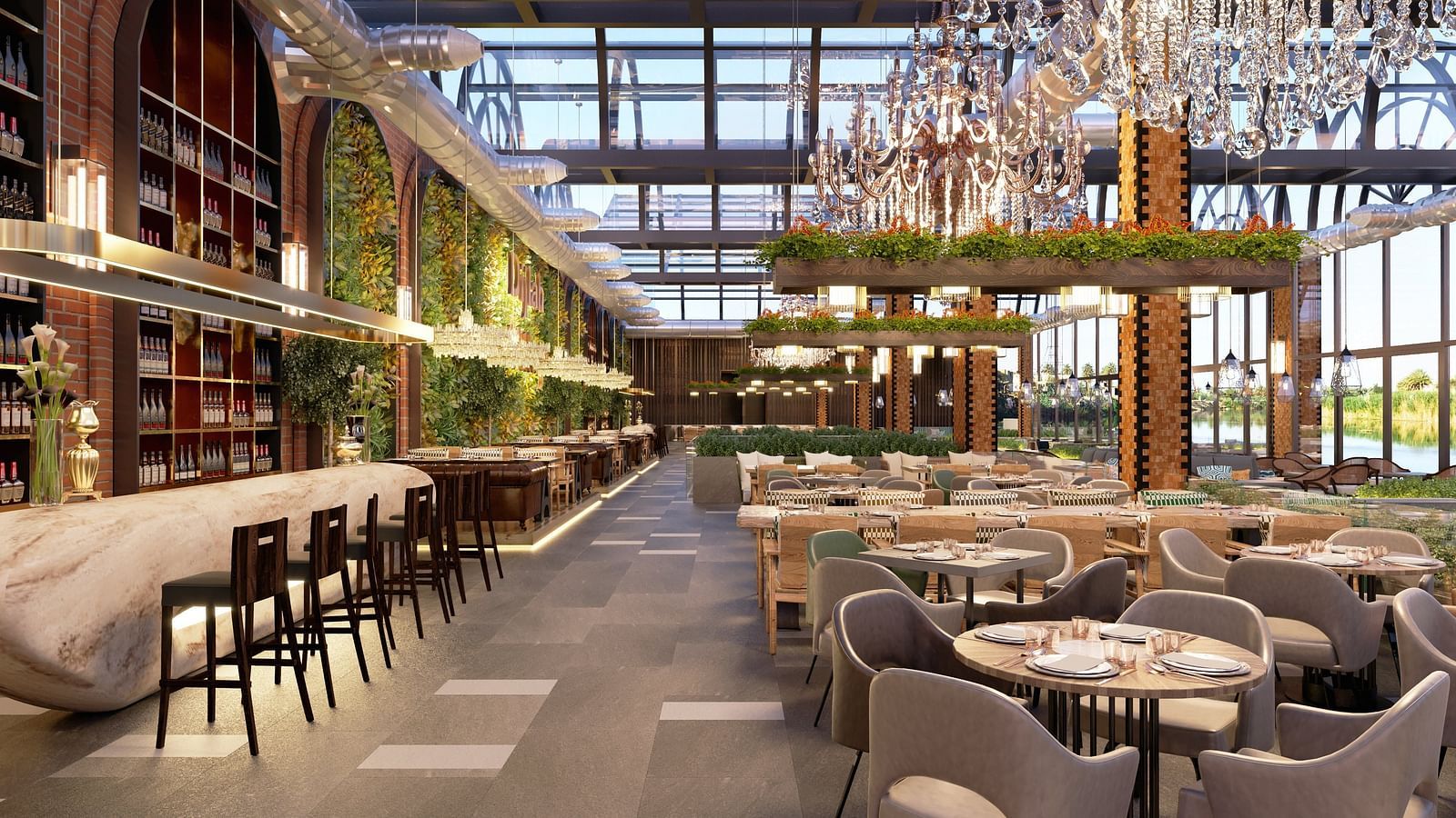 seating arrangements inside a rooftop lounge and bar with potted plants adorning the roof and a wall
