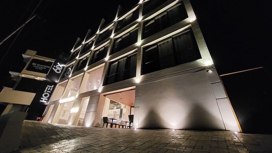 Facade of 6ix Seashore Hotel, Port Blair at night