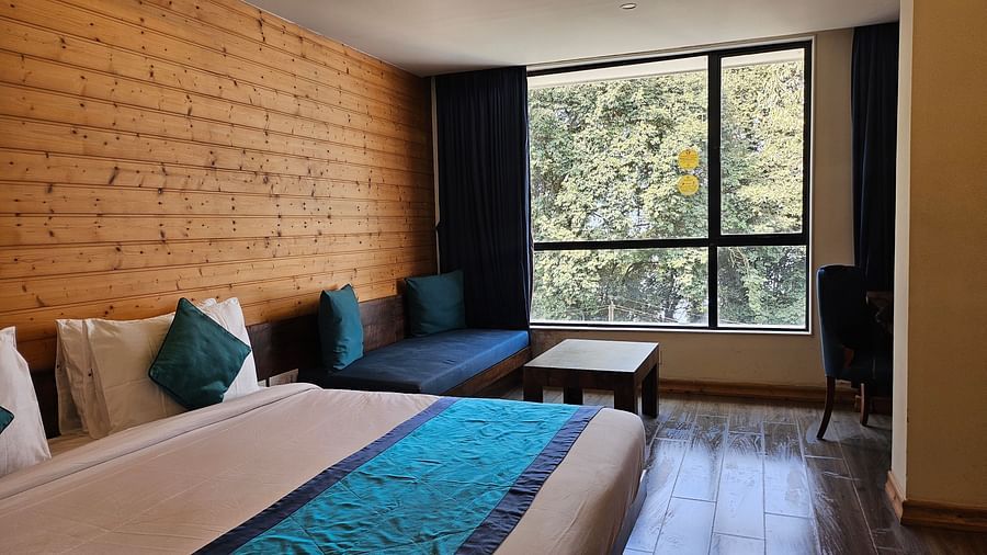 An image of an executive premium room featuring a bed, couch, table, and an expansive window - Yashshree Sanderling, Darjeeling