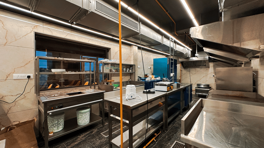 Interiors of a fully functional kitchen of a restaurant at F Hotels, Bengaluru.