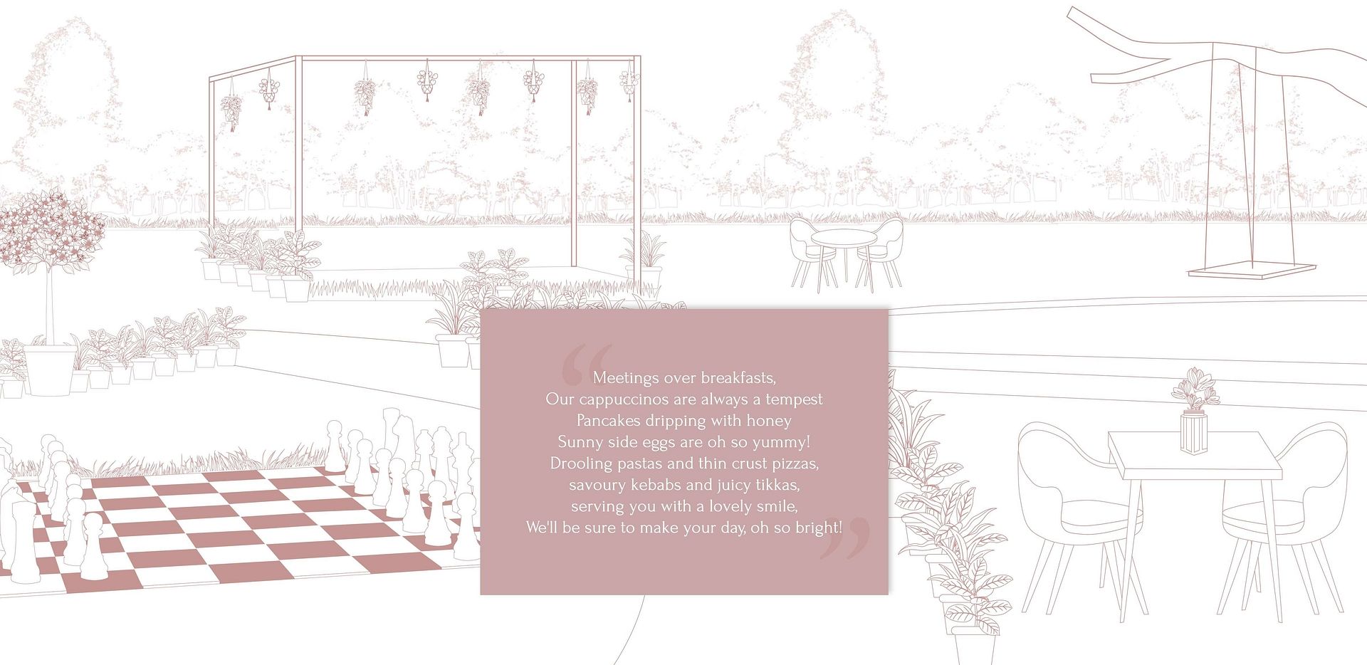 A sketch-style image of an outdoor setting with faint outlines of trees and bushes, and a text box in the centre - Karma Chalets