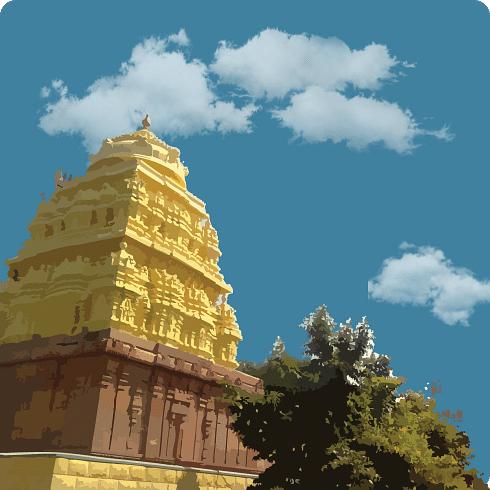 An illustration of a golden temple tower with trees against a clear blue sky with clouds.