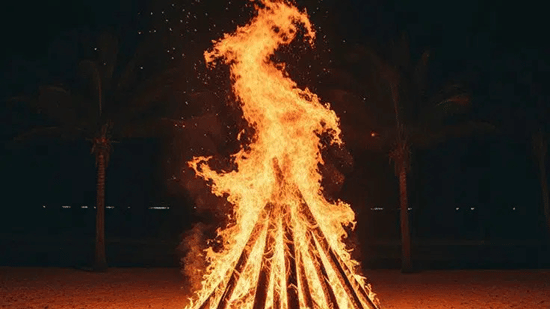 A bonfire setup in a dark background.