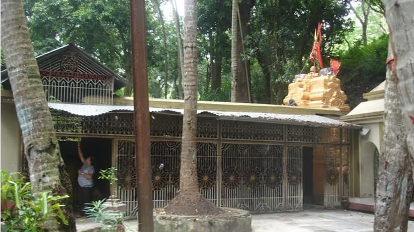 Entrance to the Narayani Temple with a lot of trees in the backyard