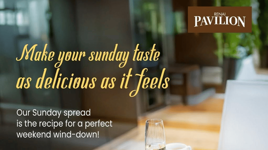 Advertisement for Sunday brunch at Pavilion, The Renai Cochin showing a dining table with plates of food, orange juice, coffee, and elegant dining area in the background with event details and reservation contacts.