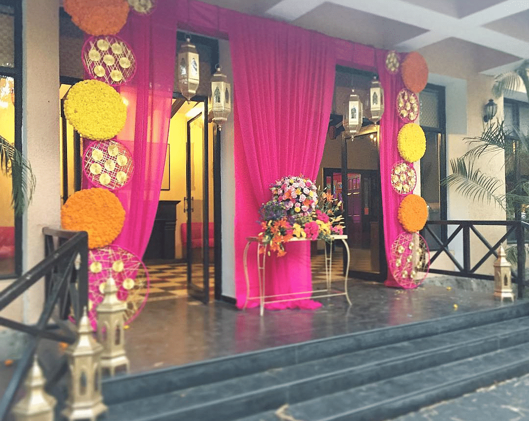 Decorated entrance to a wedding venue.