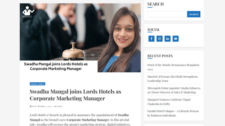 A photo collage showing Swadha Mangal's head shot merged with a background image of hotel staff and a service bell.