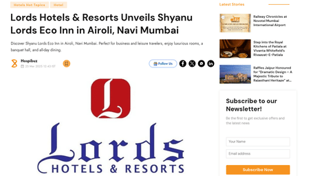 The logo of Lords Hotels & Resorts—a large red 'L' on a red square above the blue cursive word 'Lords'—featured in an article about a new hotel launch in Navi Mumbai.