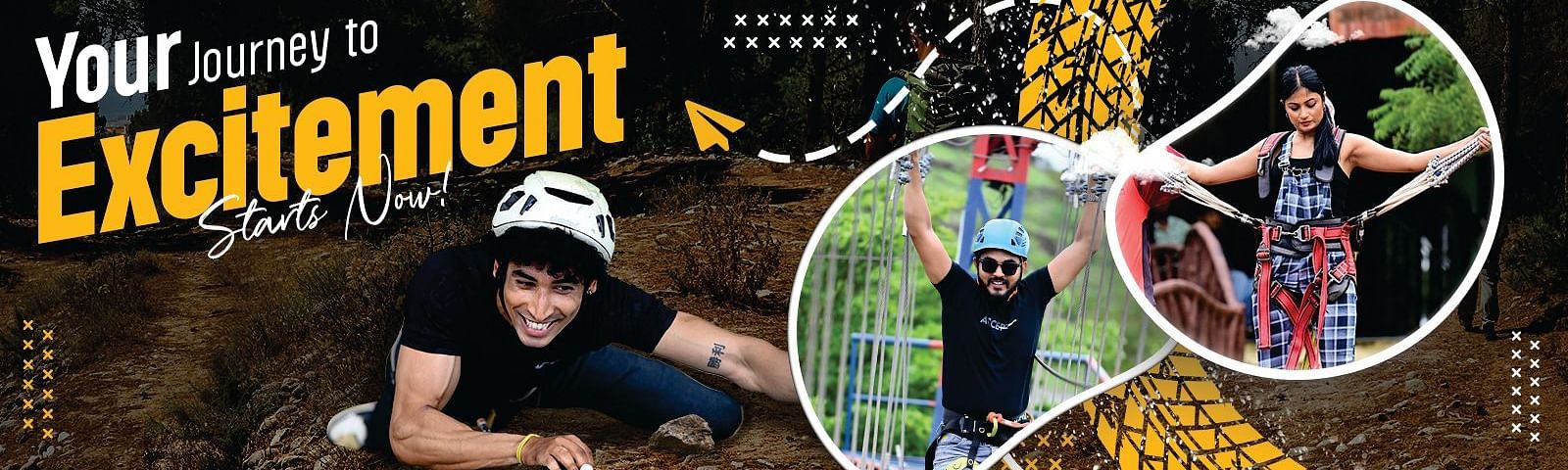 Promotional banner for adventure park activities showcasing zip lining and wall climbing | Diamond Parks, Pune 