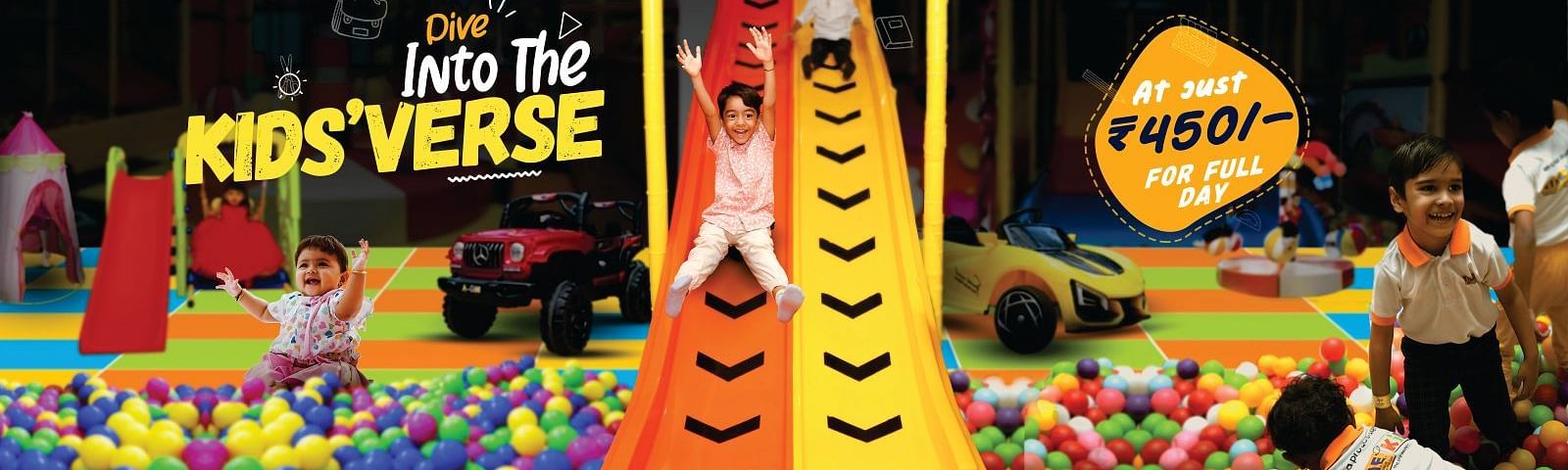 Kids enjoying a ball pit at a theme park under colorful banners | Diamond Parks, Pune 
