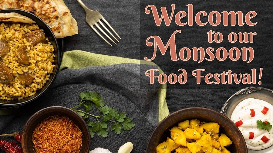 Amanvana’s Monsoon Food Festival poster featuring Indian dishes, event dates (18–27 July 2025, lunch only), and reservation details.