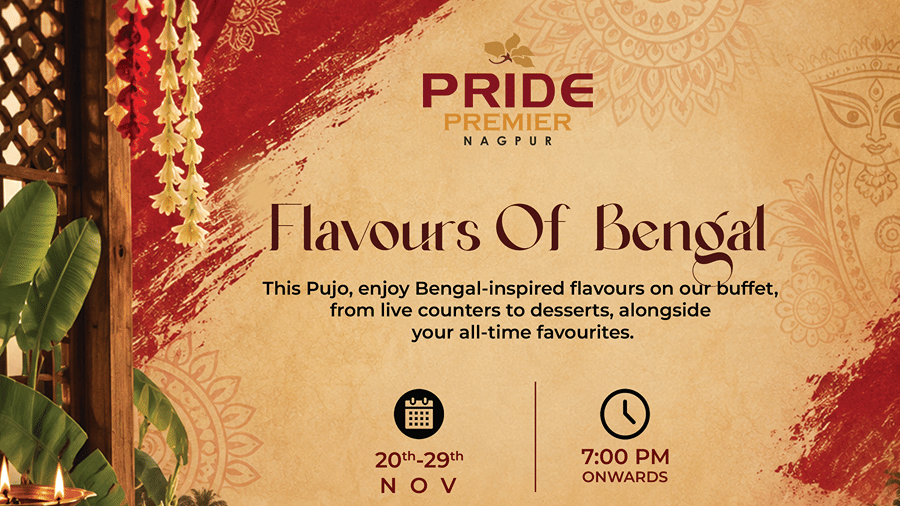 A promotional poster for Flavours of Bengal Offer at Pride Premier Nagpur, with bengal feast placed at the center, valid from 20th to 29th November 2026, 7 PM onwards.