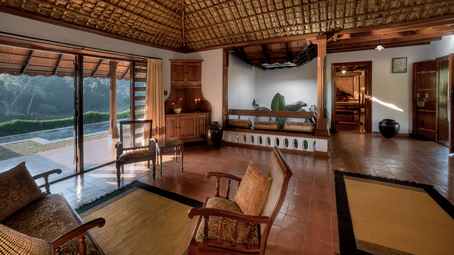 Open-plan Pool Villa Living Room with valley views at Evolve Back Coorg