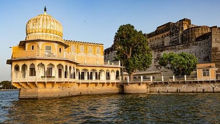 A lake side view of Phool Mahal Palace