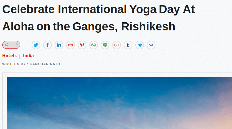 Headline reading 'Celebrate International Yoga Day At Aloha on the Ganges, Rishikesh' with article details including date June 20, 2025, and author Kanchan Nath.