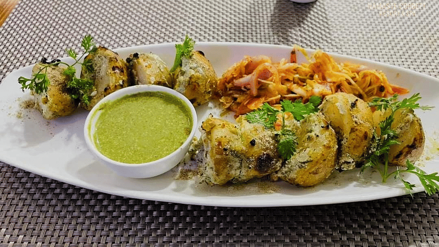 Grilled malai paneer tikka with green chutney and salad at Namaste Corbett Resort & Spa.