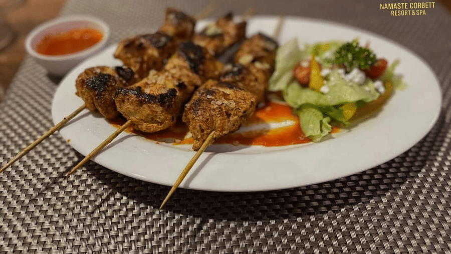 Chicken tikka skewers with dipping sauce and fresh salad at Namaste Corbett Resort & Spa.