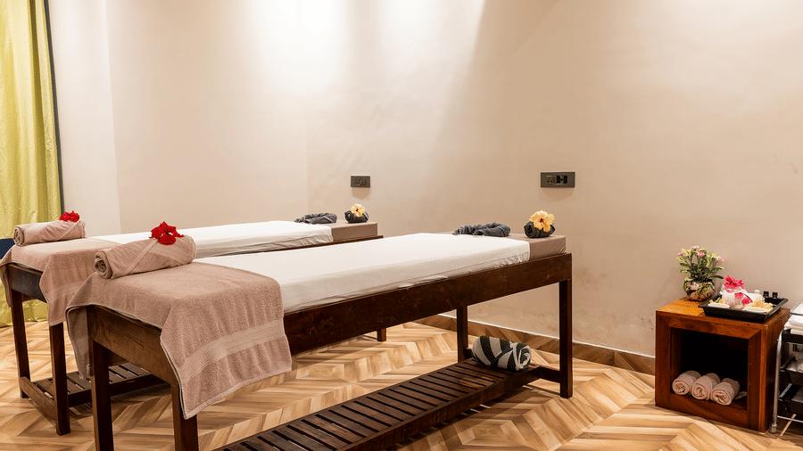 Massage bed set up in a spa treatment room at Silver Sand Beach Resort, Havelock.