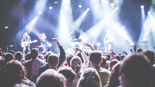 A lively concert scene with a large crowd facing a brightly lit stage where musicians are performing under colourful spotlights and smoke effects.