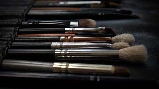 A set of various makeup brushes with different head shapes and sizes are arranged in rows within a dark case or holder.