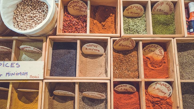 Assortment of variety of spices on display